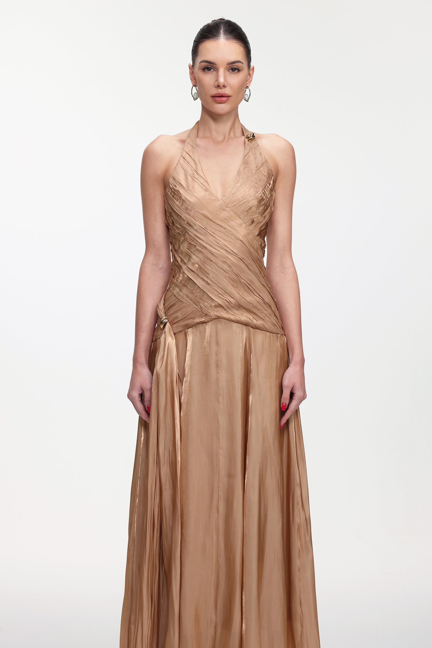 Polasa Elegant Flowy Sleeveless Pleated Satin Maxi Dress