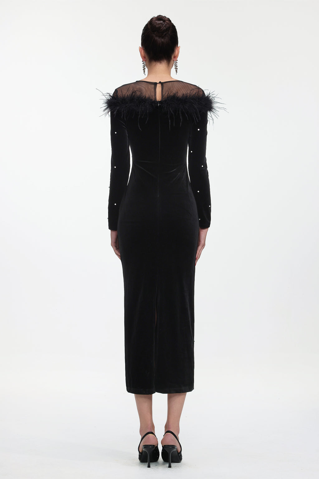 Yamaly Glamorous Contour Long Sleeve Crystal Feather Velvet Maxi Dress
