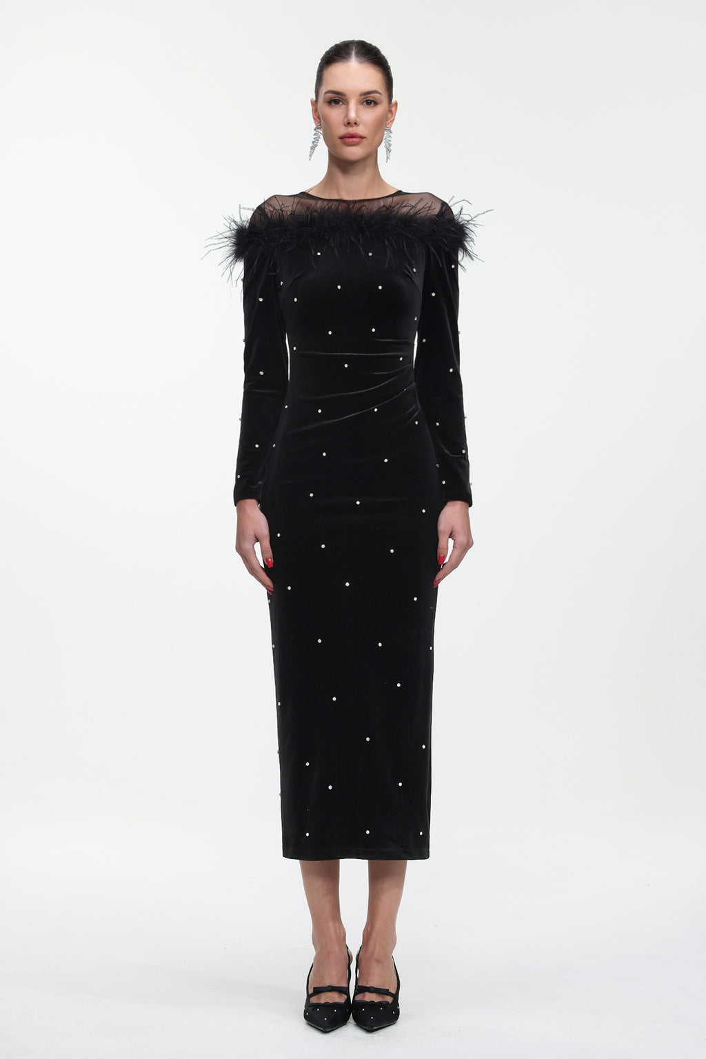 Yamaly Glamorous Contour Long Sleeve Crystal Feather Velvet Maxi Dress