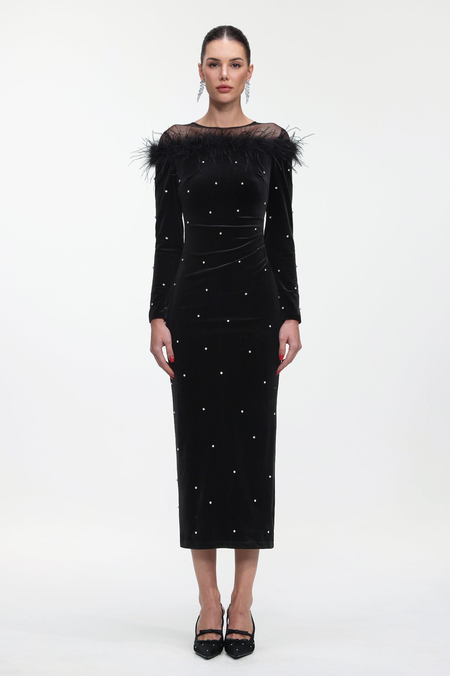 Yamaly Glamorous Contour Long Sleeve Crystal Feather Velvet Maxi Dress