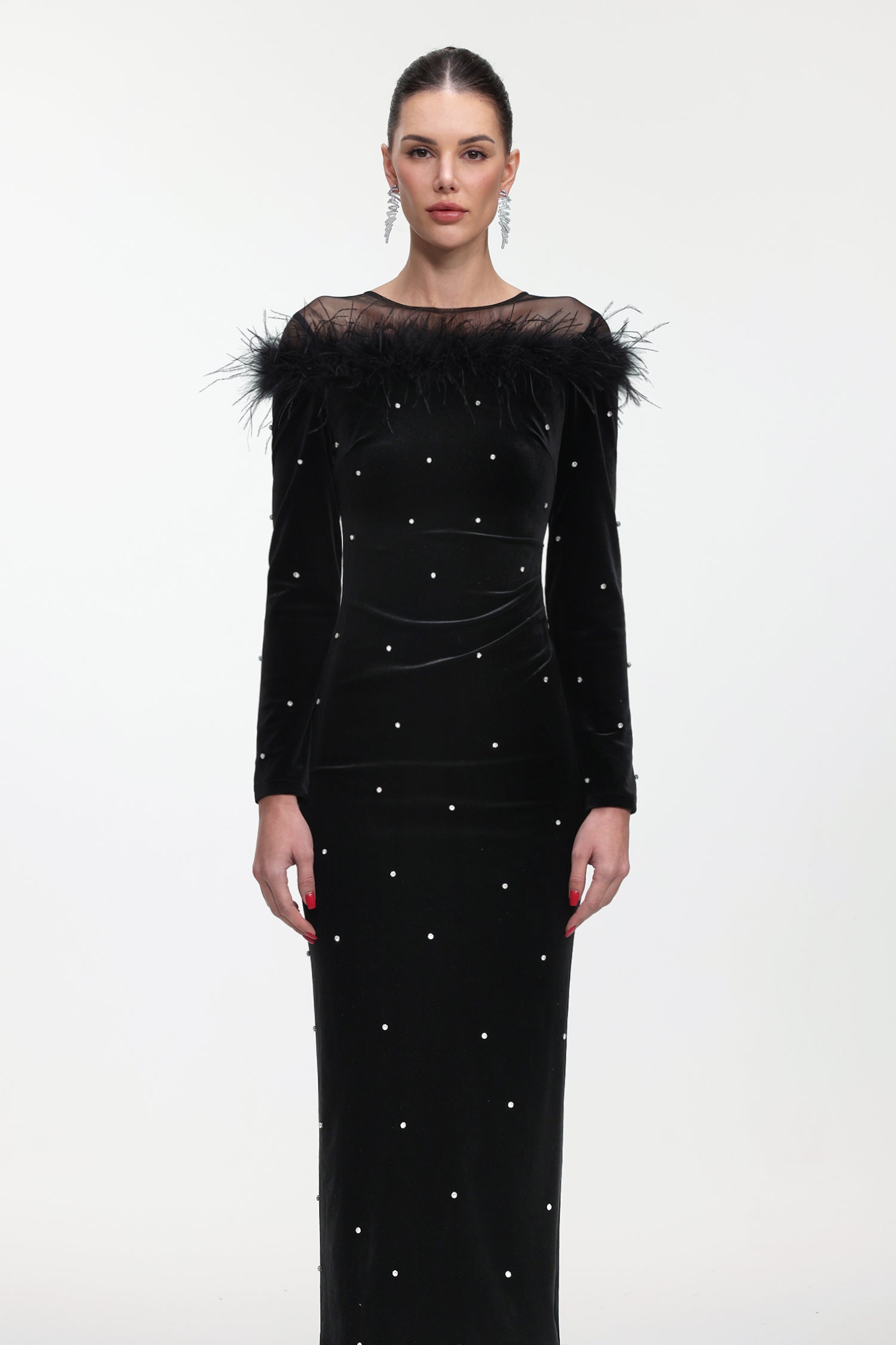 Yamaly Glamorous Contour Long Sleeve Crystal Feather Velvet Maxi Dress