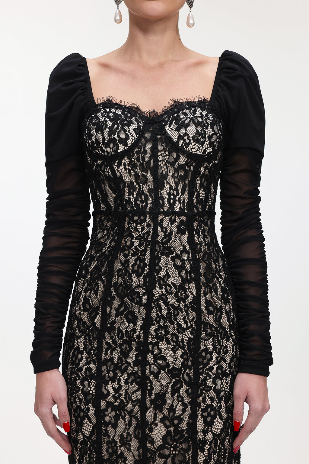 Fenby Contour Long Sleeve Ruched Lace Maxi Dress