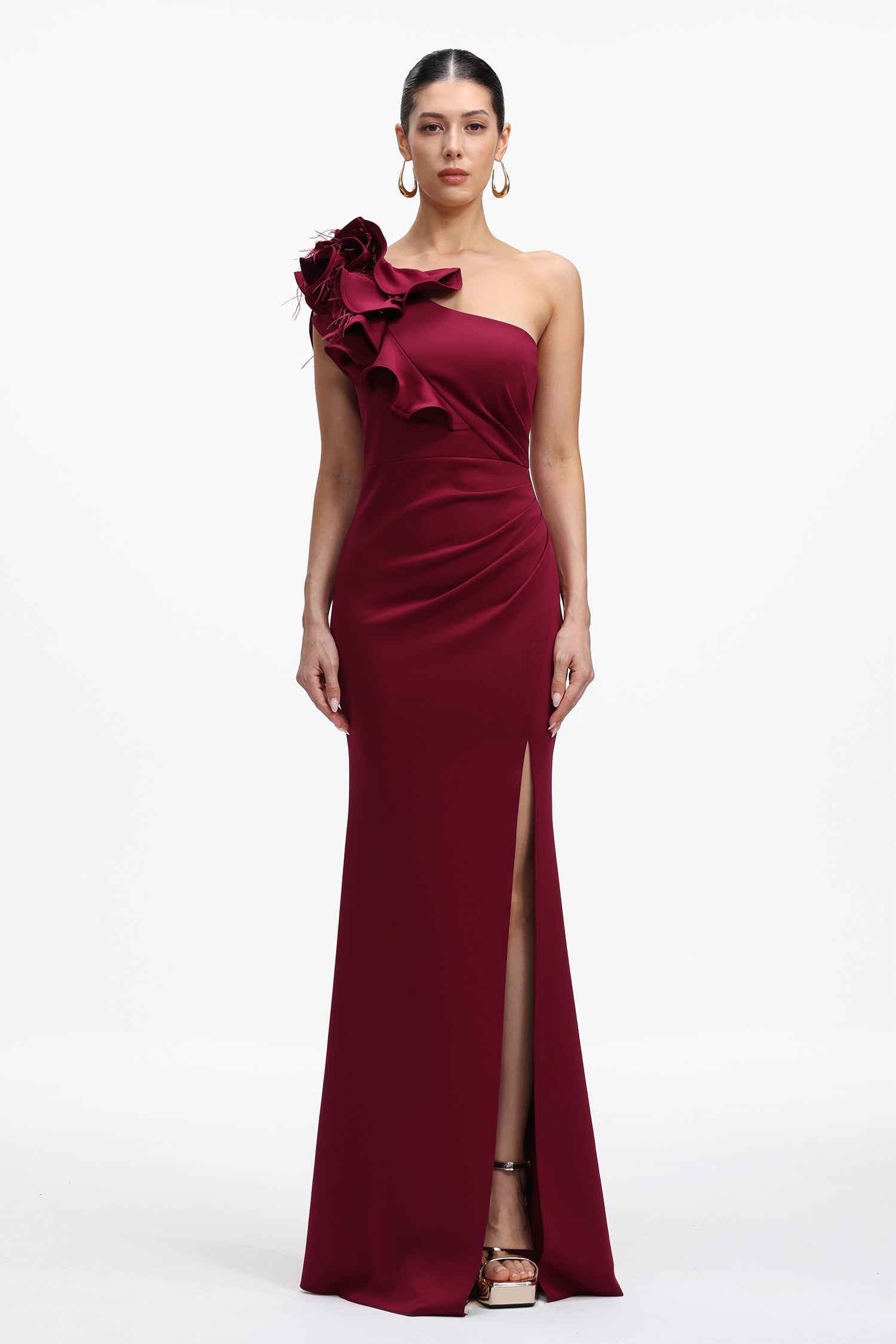 Mishell Romantic Contour One Shoulder Floral Pleated Maxi Dress