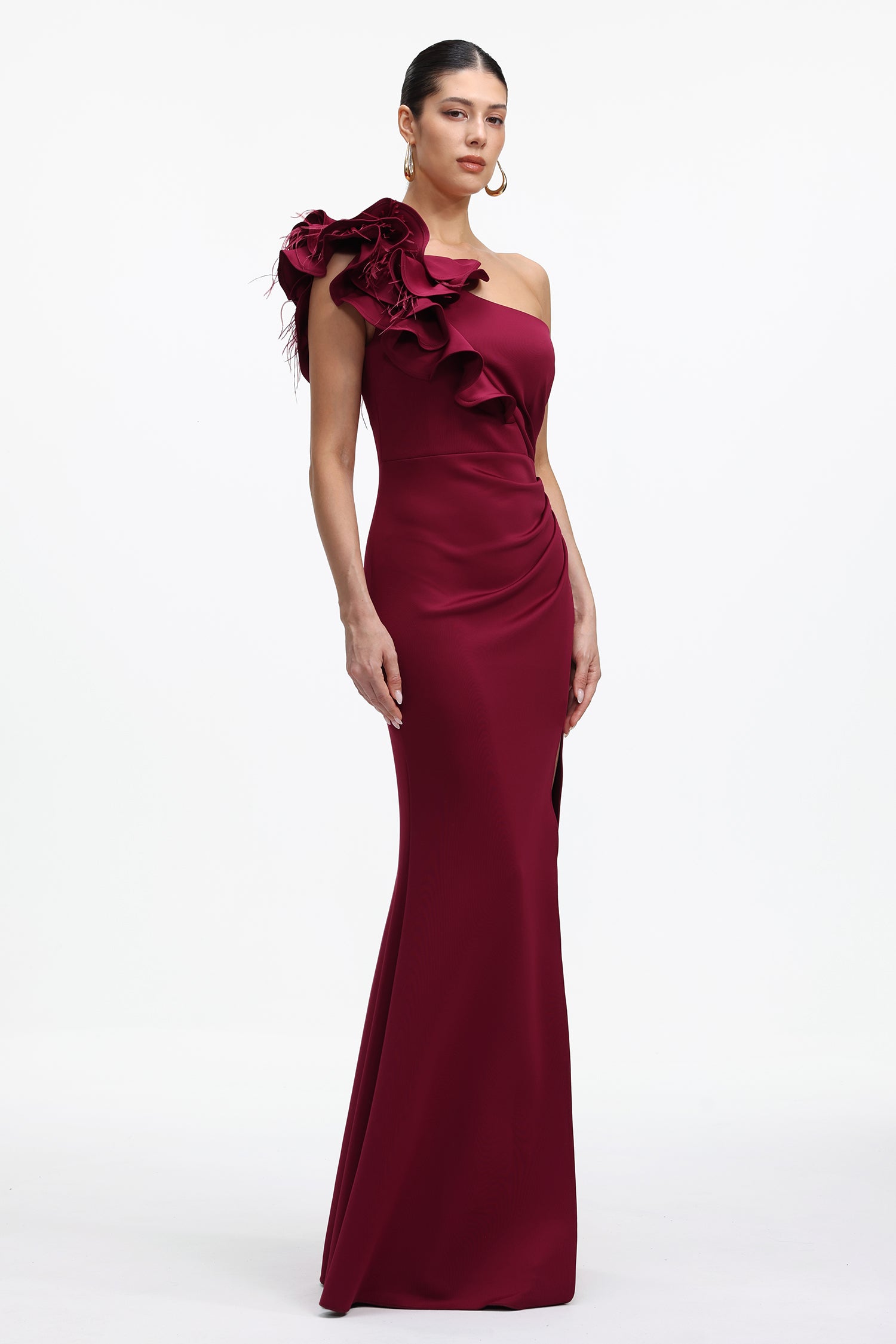 Mishell Romantic Contour One Shoulder Floral Pleated Maxi Dress