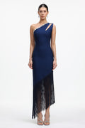 Fanya Elegant Contour One Shoulder Rhinestone Fringe Maxi Dress
