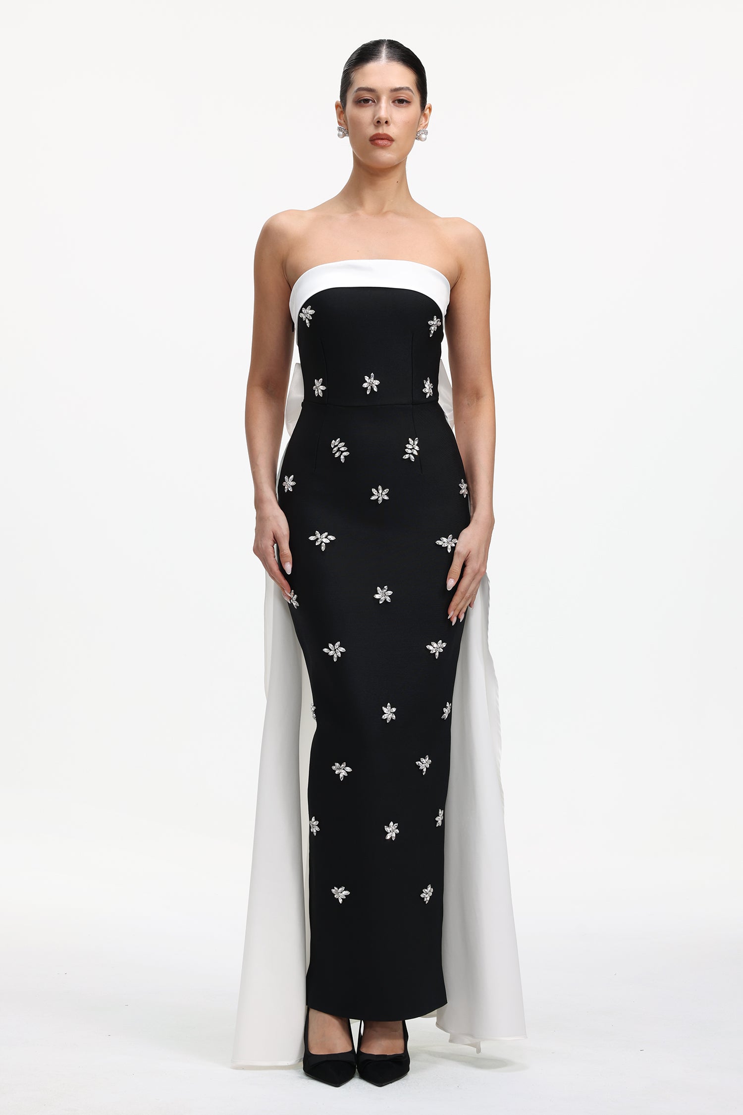 Skyler Elegant Contour Strapless Rhinestone Bow Bandage Maxi Dress