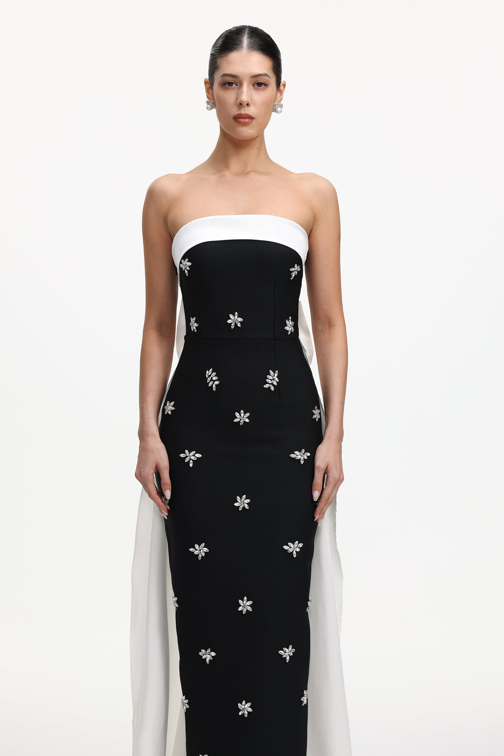 Skyler Elegant Contour Strapless Rhinestone Bow Bandage Maxi Dress