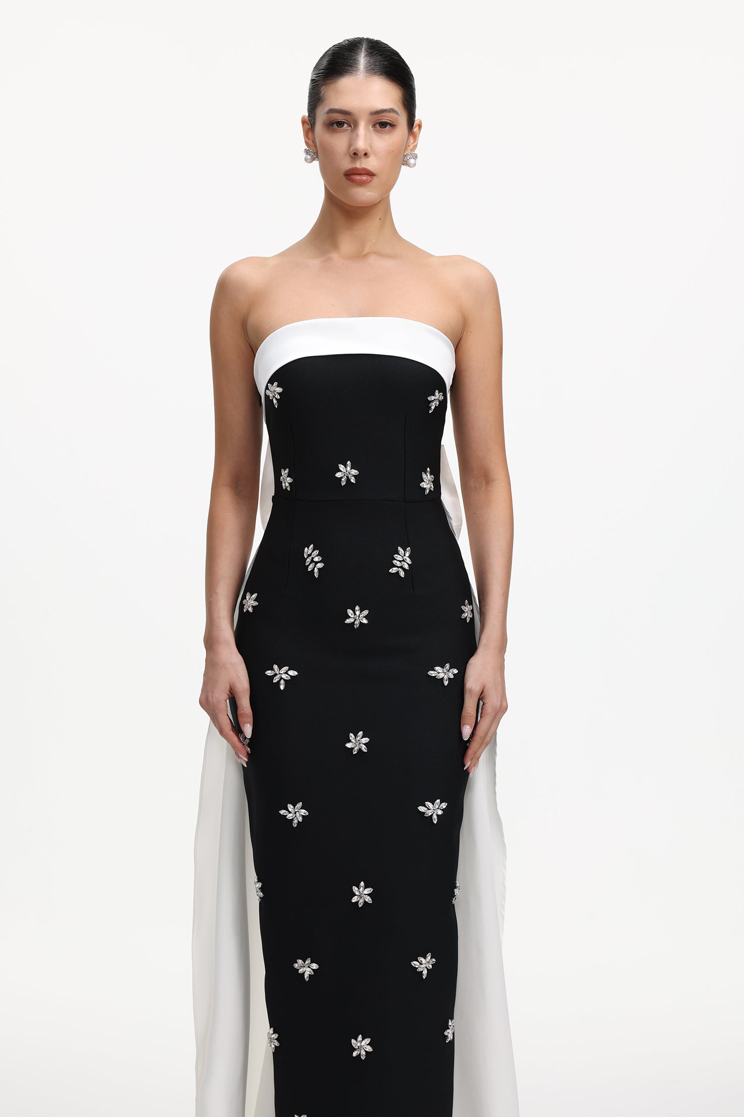 Skyler Elegant Contour Strapless Rhinestone Bow Bandage Maxi Dress