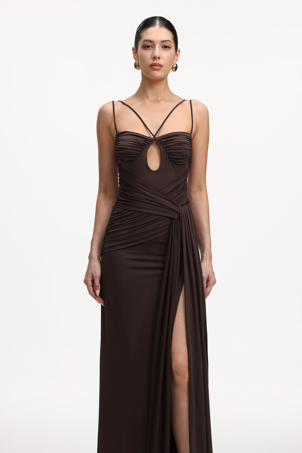 Ruthie Elegant Contour Sleeveless Cut Out Ruched Knit Maxi Dress