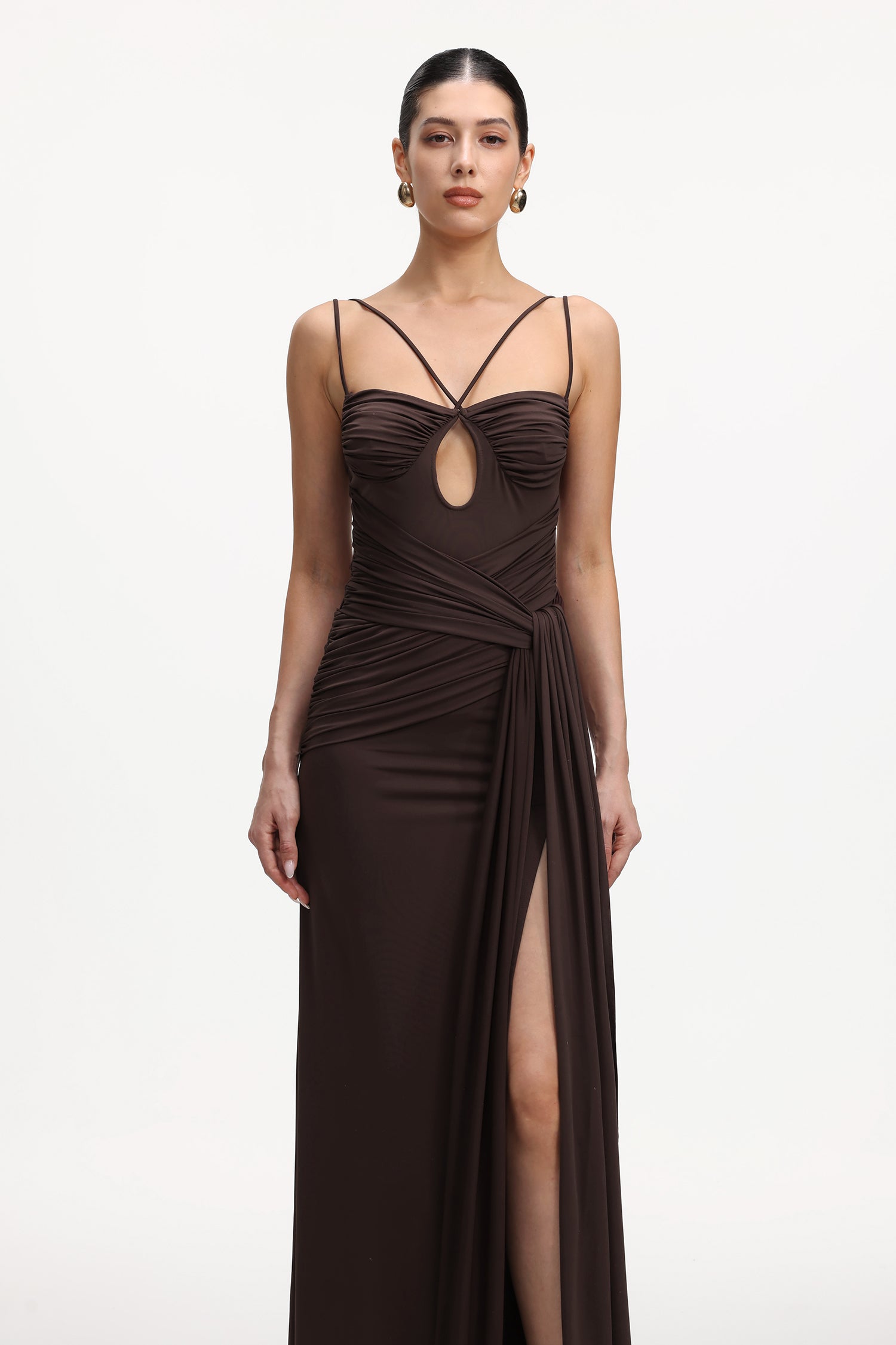 Ruthie Elegant Contour Sleeveless Cut Out Ruched Knit Maxi Dress