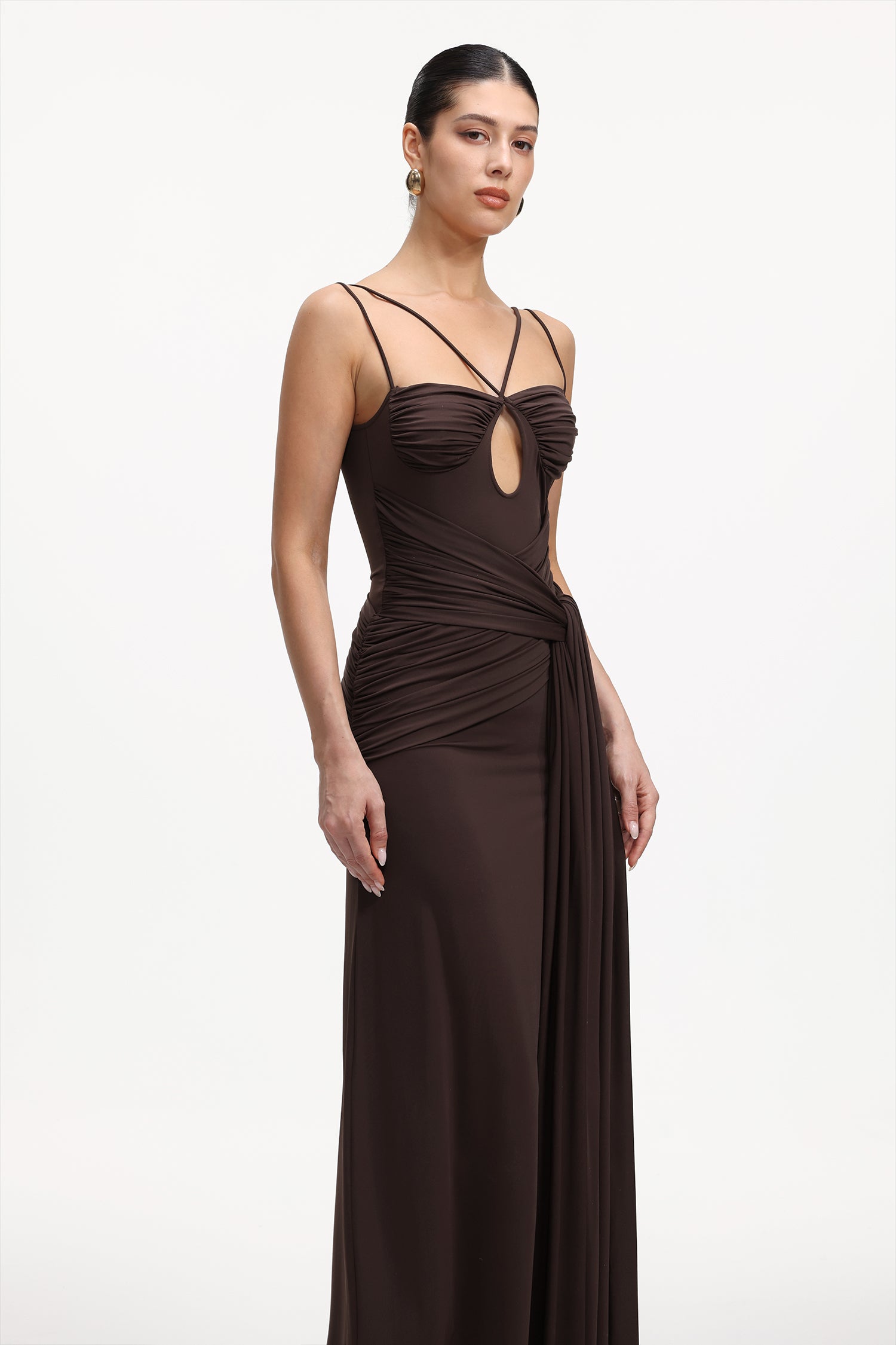 Ruthie Elegant Contour Sleeveless Cut Out Ruched Knit Maxi Dress