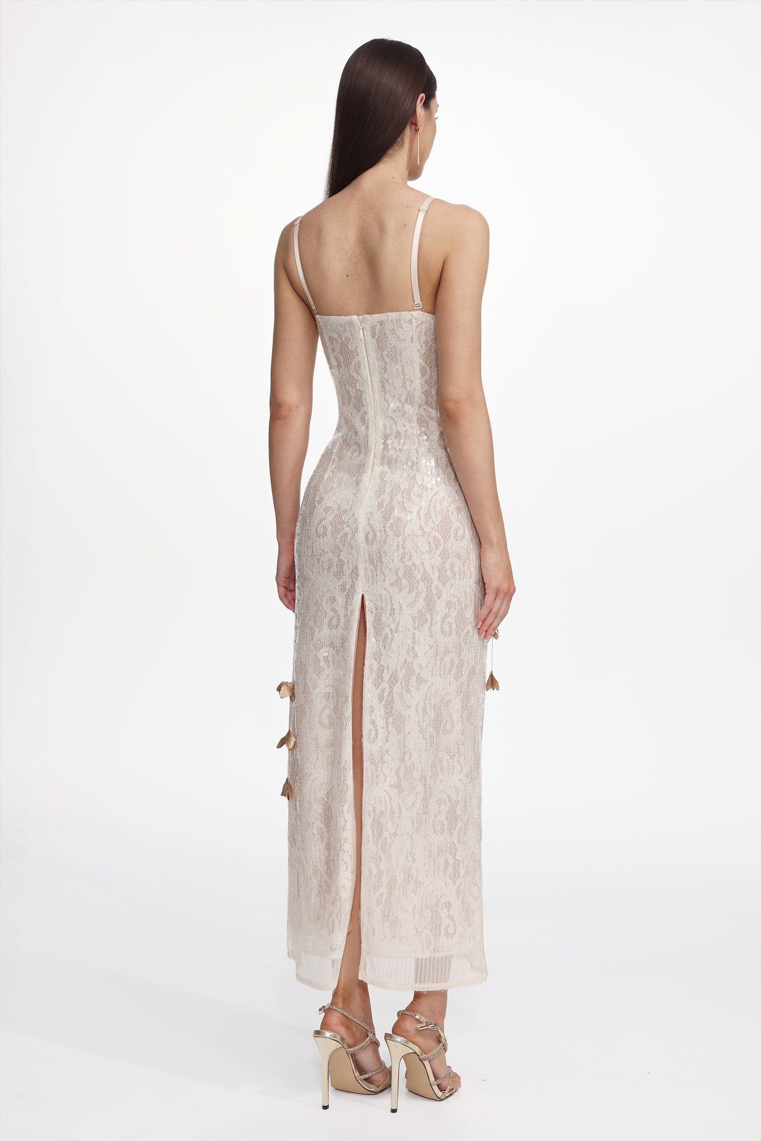 Vole Elegant Embellished Sleeveless Petal Sequin Lace Knit Maxi Dress