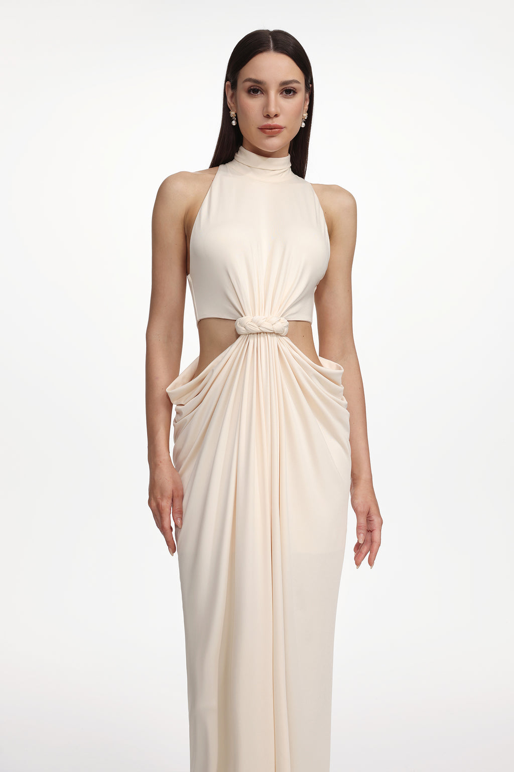 Piaka Elegant Contour Sleeveless Cut Out Ruched Knit Maxi Dress
