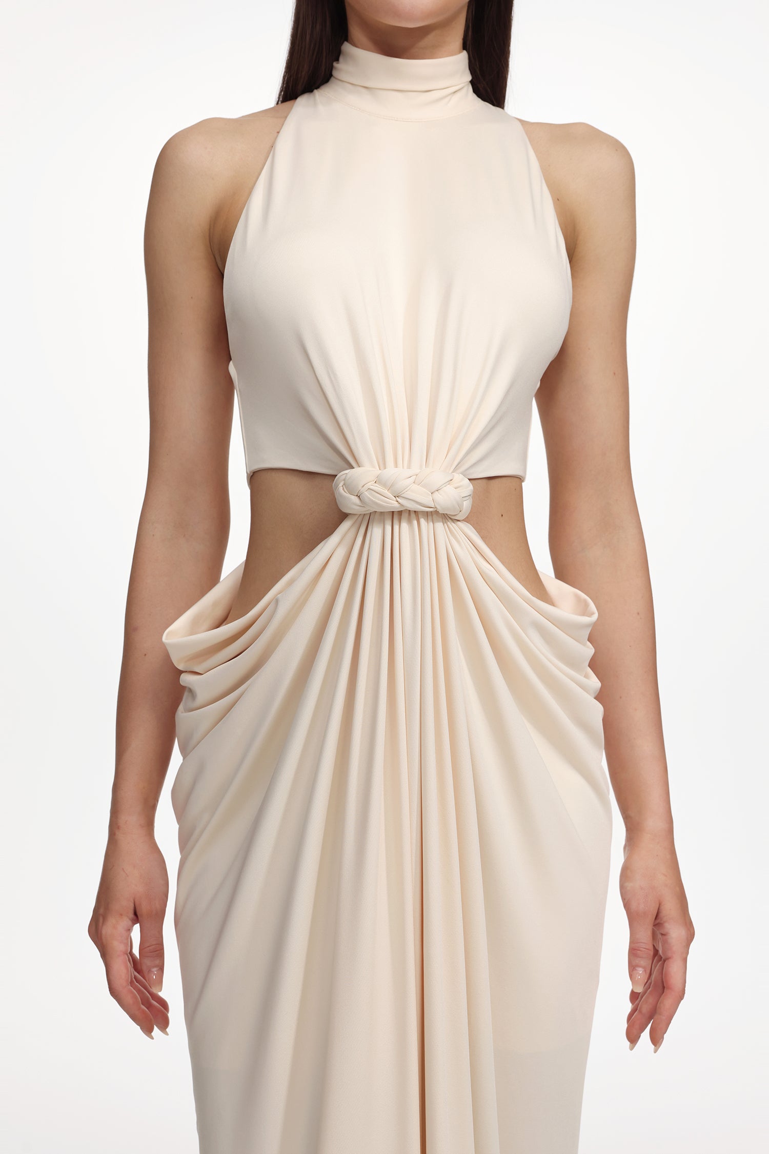 Piaka Elegant Contour Sleeveless Cut Out Ruched Knit Maxi Dress