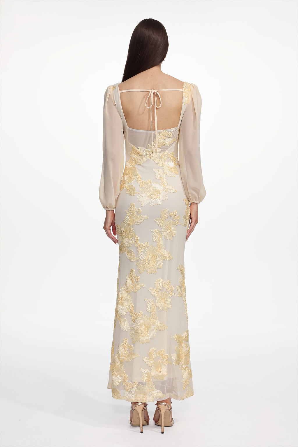 Nikki Romantic Contour Long Sleeve High Slit Floral Knit Maxi Dress
