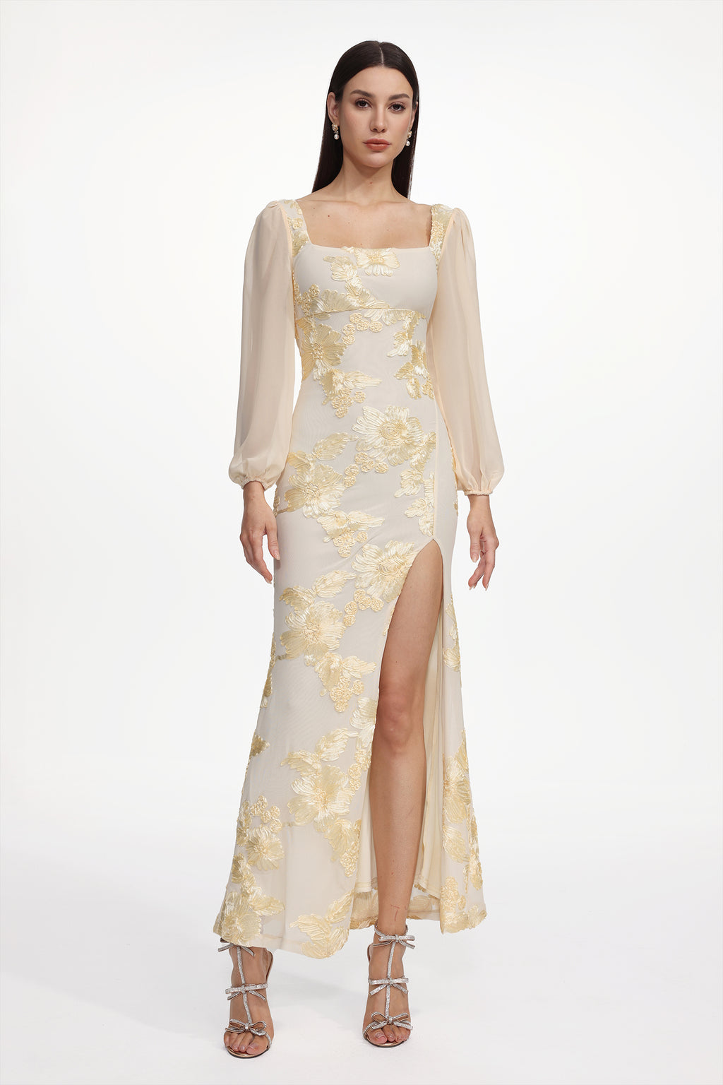 Nikki Romantic Contour Long Sleeve High Slit Floral Knit Maxi Dress