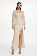 Nikki Romantic Contour Long Sleeve High Slit Floral Knit Maxi Dress