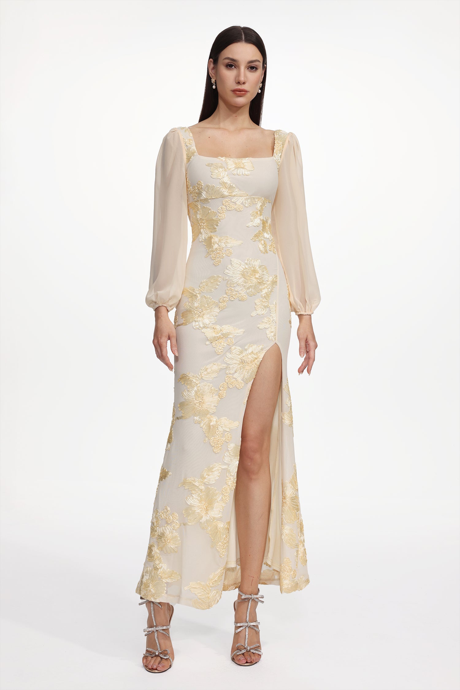 Nikki Romantic Contour Long Sleeve High Slit Floral Knit Maxi Dress