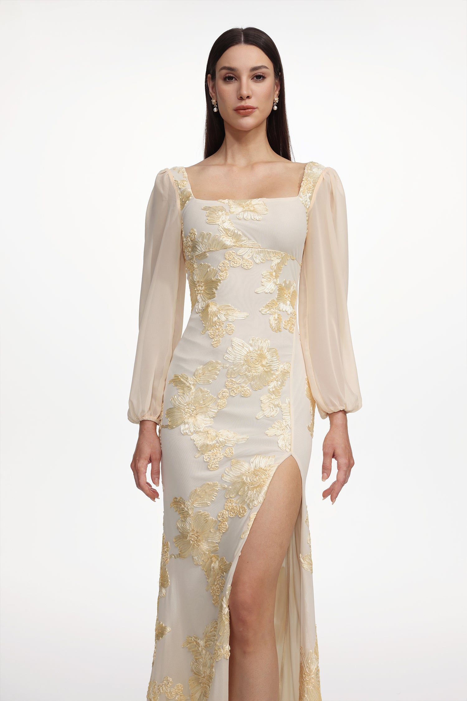 Nikki Romantic Contour Long Sleeve High Slit Floral Knit Maxi Dress