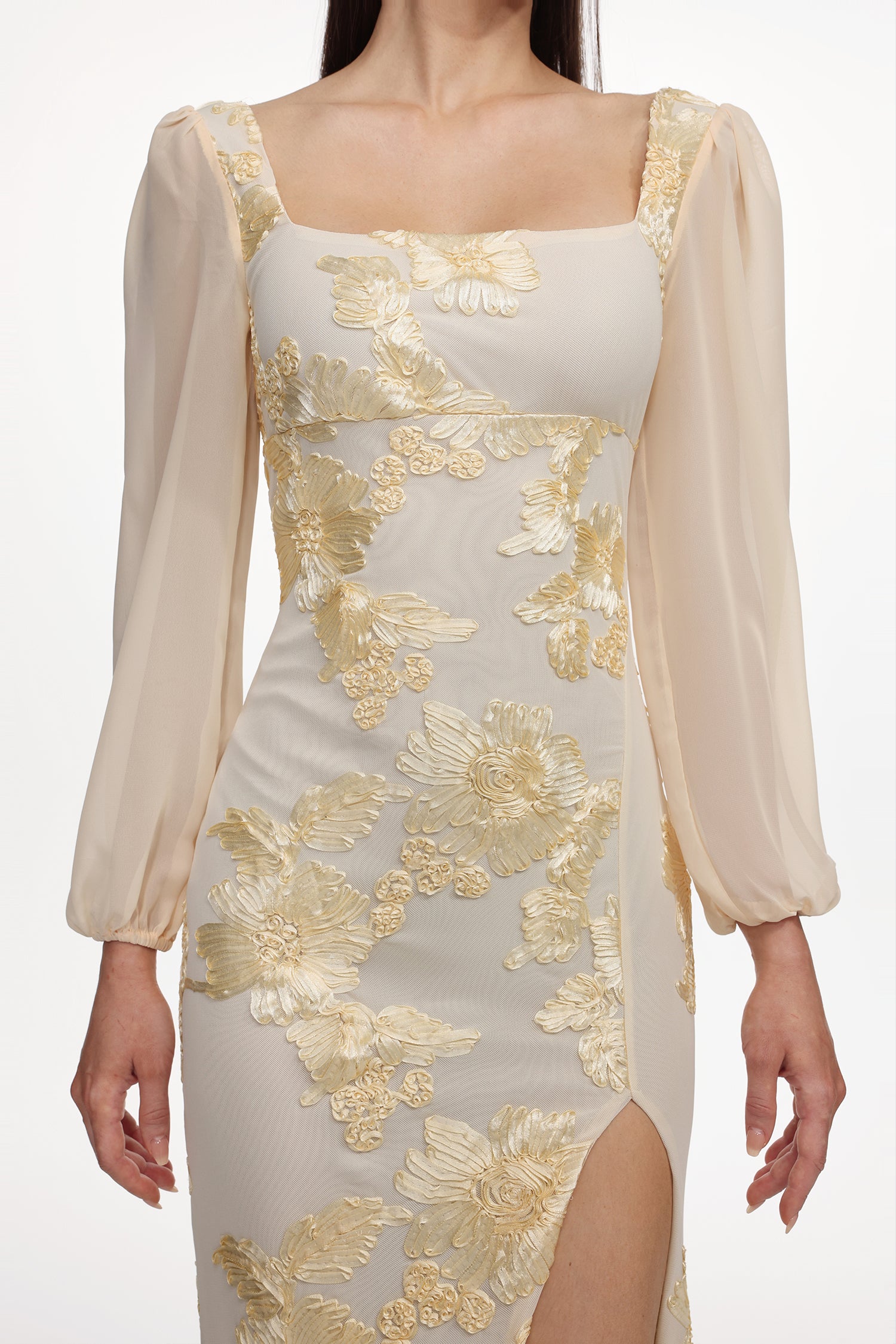 Nikki Romantic Contour Long Sleeve High Slit Floral Knit Maxi Dress