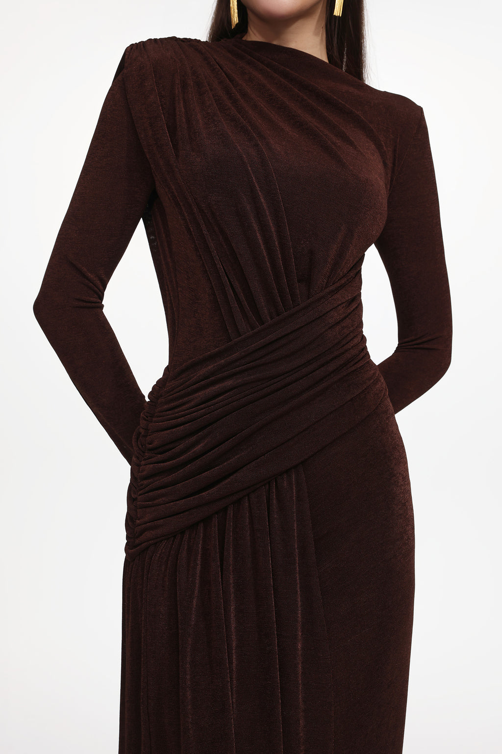 Maggie Elegant Contour Long Sleeve Ruched Knit Maxi Dress