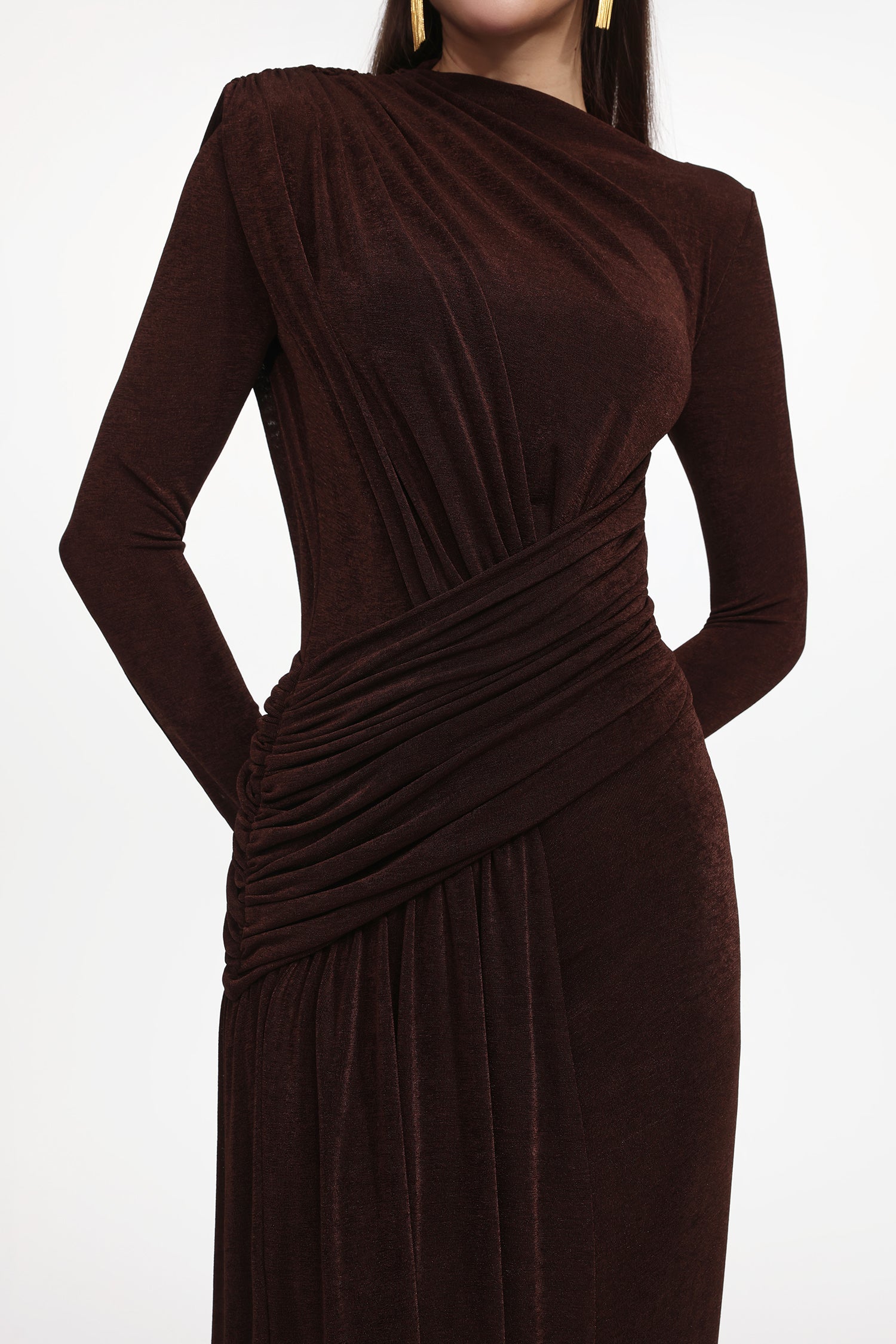Maggie Elegant Contour Long Sleeve Ruched Knit Maxi Dress