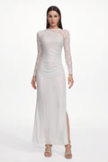 Uabeza Elegant Contour Long Sleeve Ruched Crystal Lace White Maxi Dress