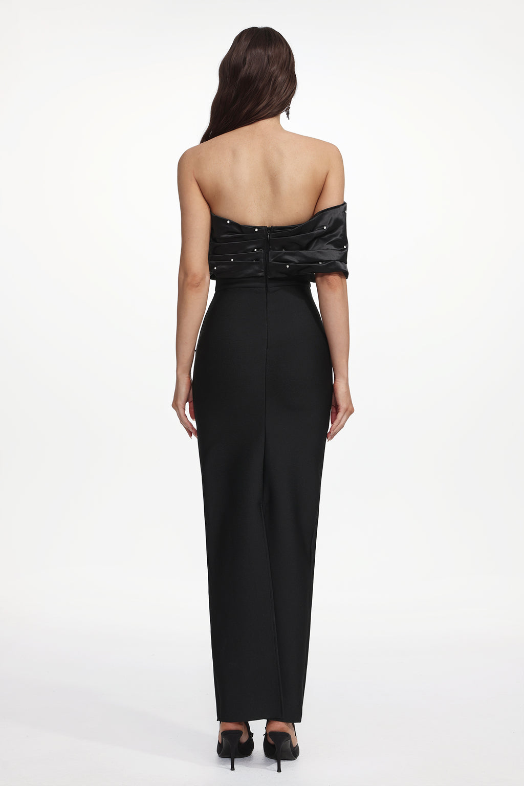 Saha Elegant Contour Off Shoulder Rhinestone Pleated Maxi Dress