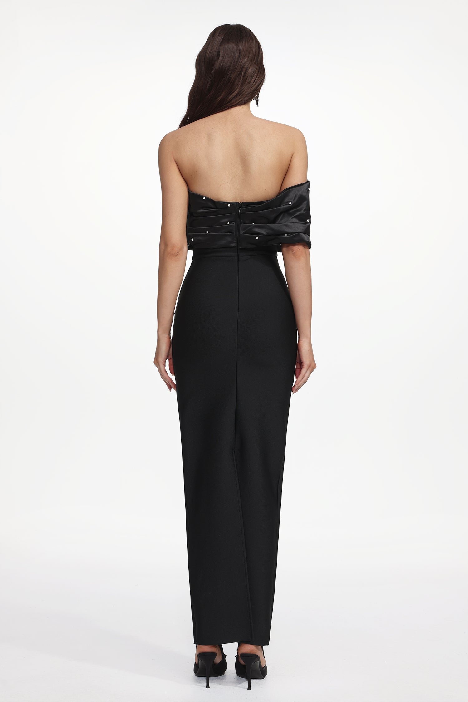 Saha Elegant Contour Off Shoulder Rhinestone Pleated Maxi Dress