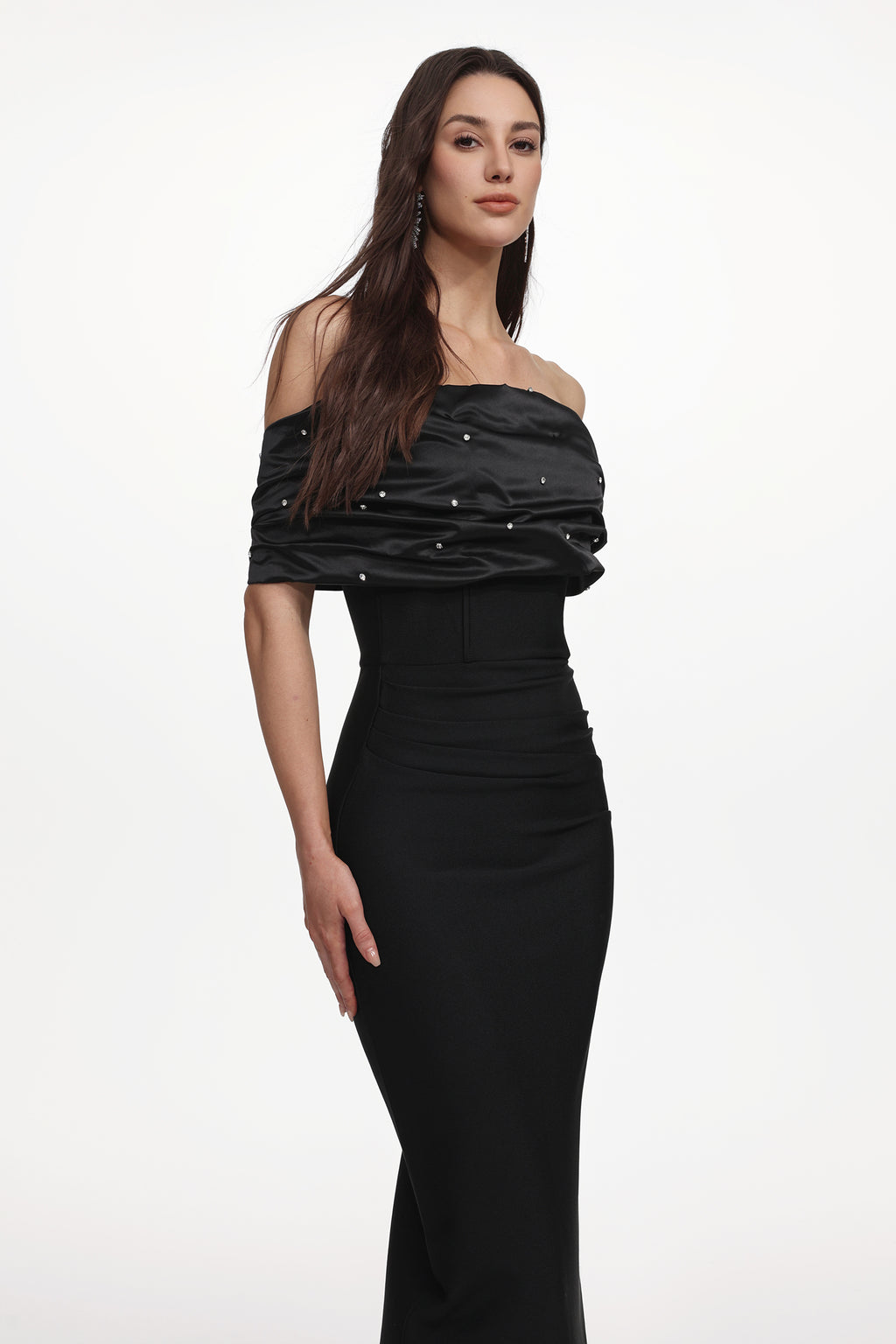 Saha Elegant Contour Off Shoulder Rhinestone Pleated Maxi Dress