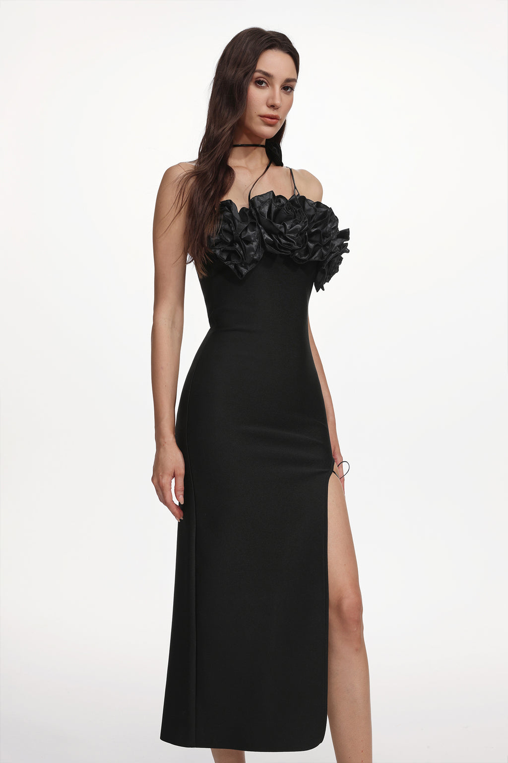 Jacova Elegant Contour Strapless Floral High Slit Bandage Maxi Dress