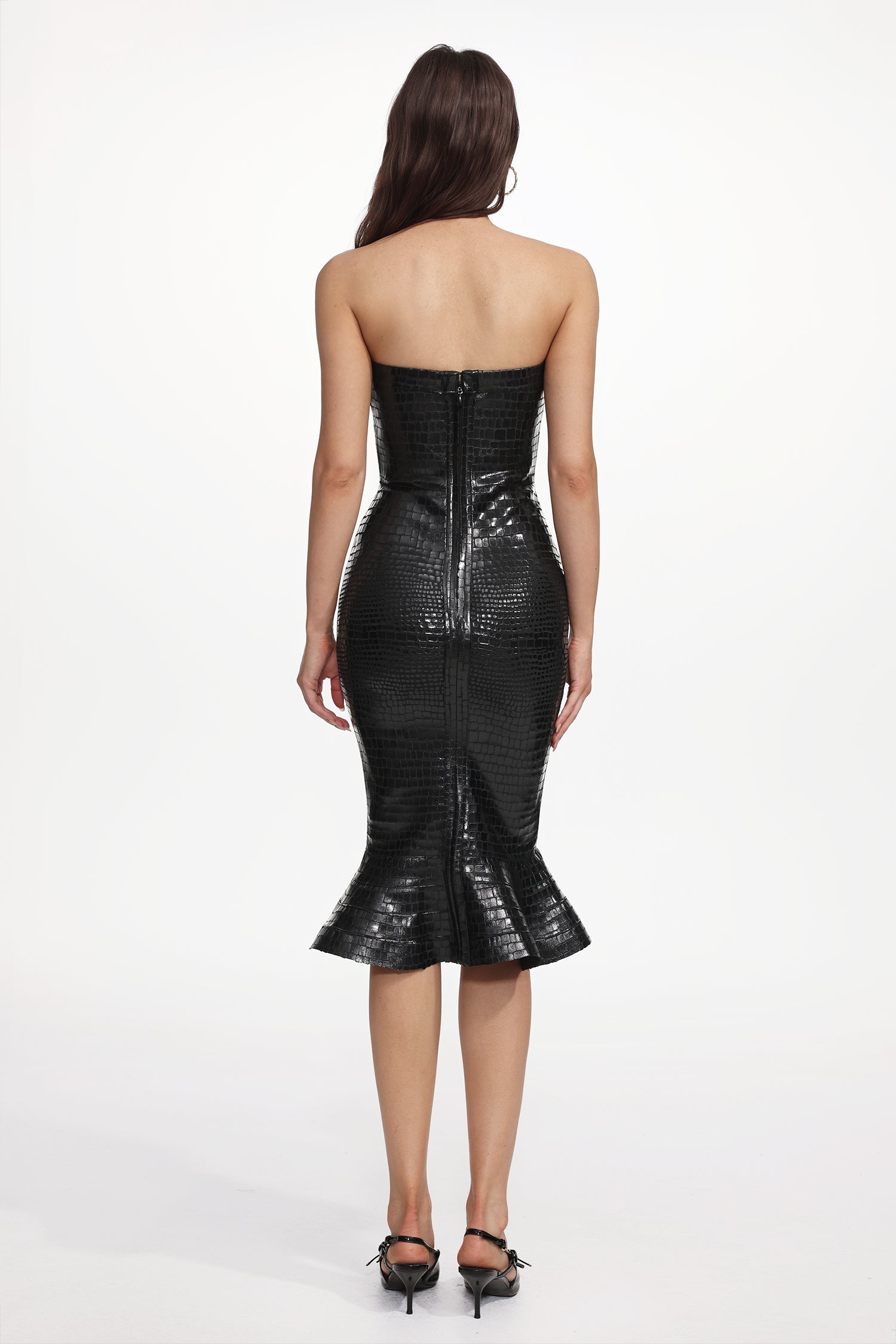 Jaxon Chic Contour Strapless Crocodile Skin Print Bandage Midi Dress