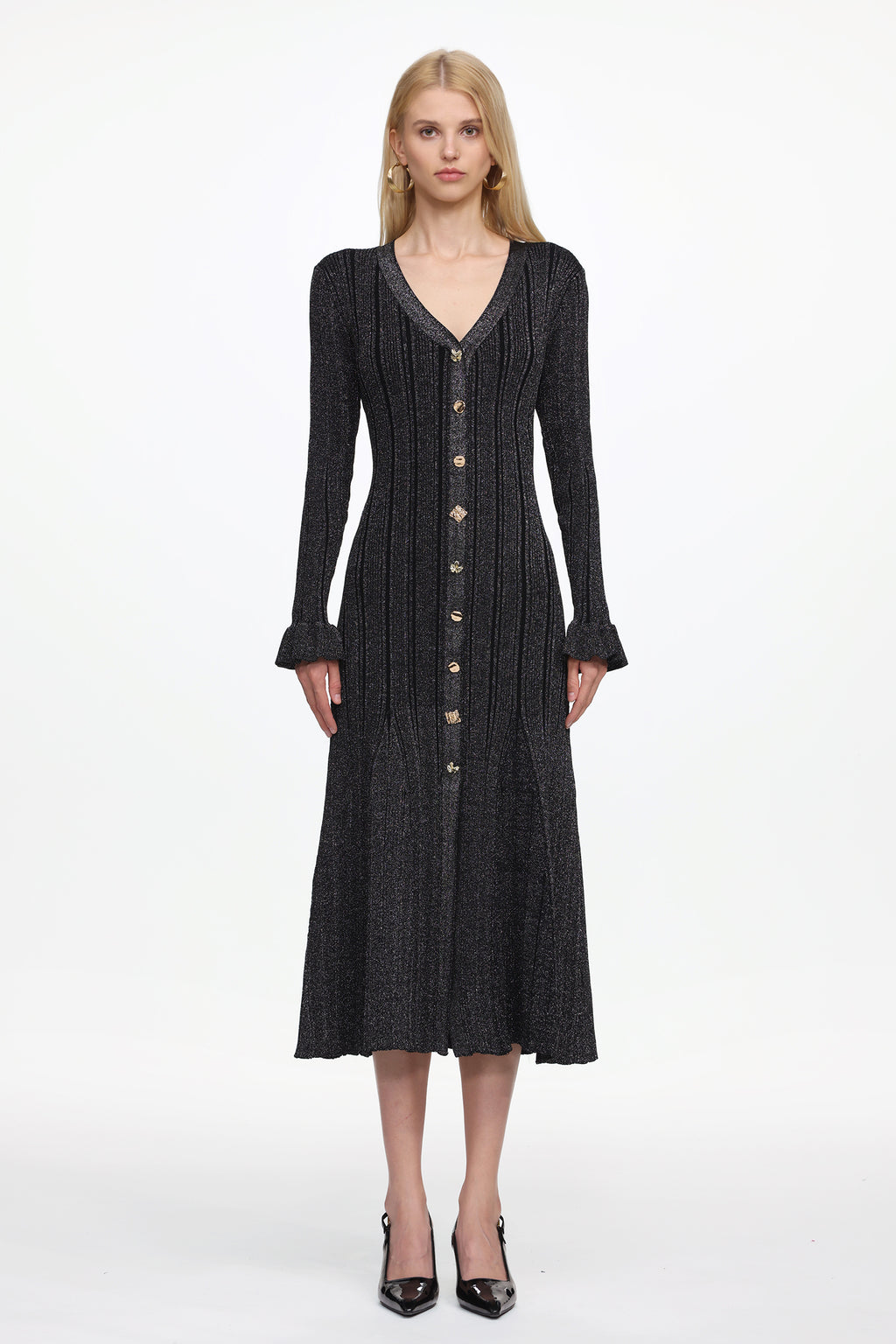 Verga Classic Contour Long Sleeve Button Front Knit Maxi Dress