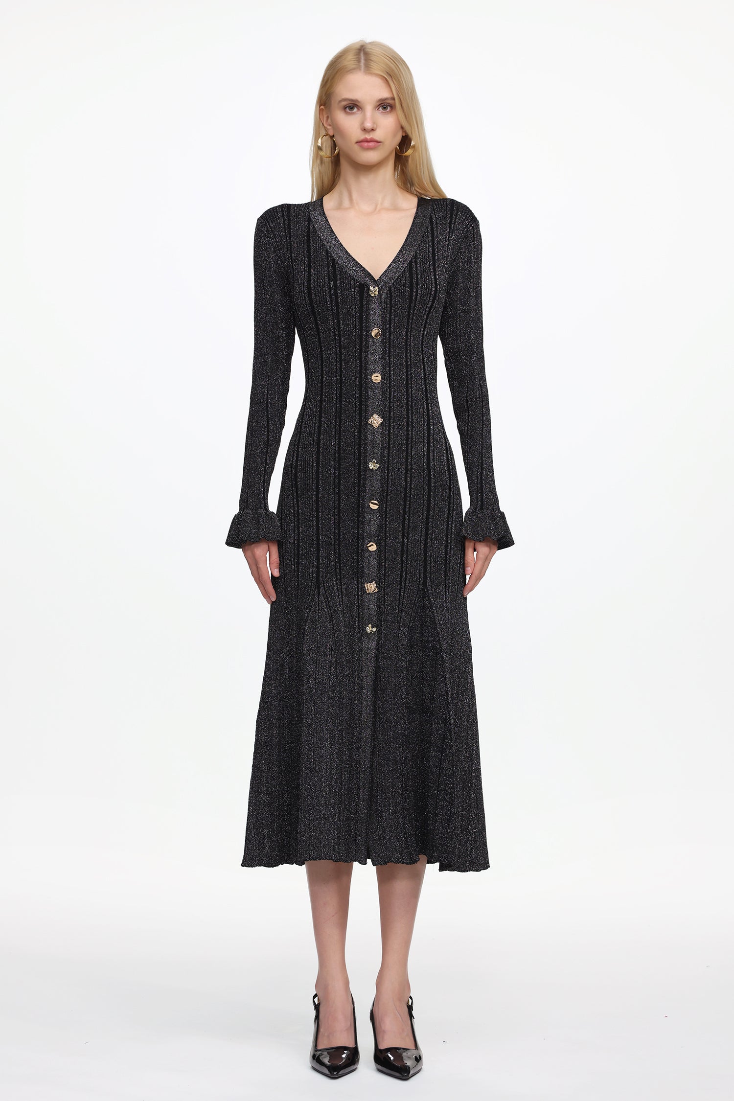 Verga Classic Contour Long Sleeve Button Front Knit Maxi Dress