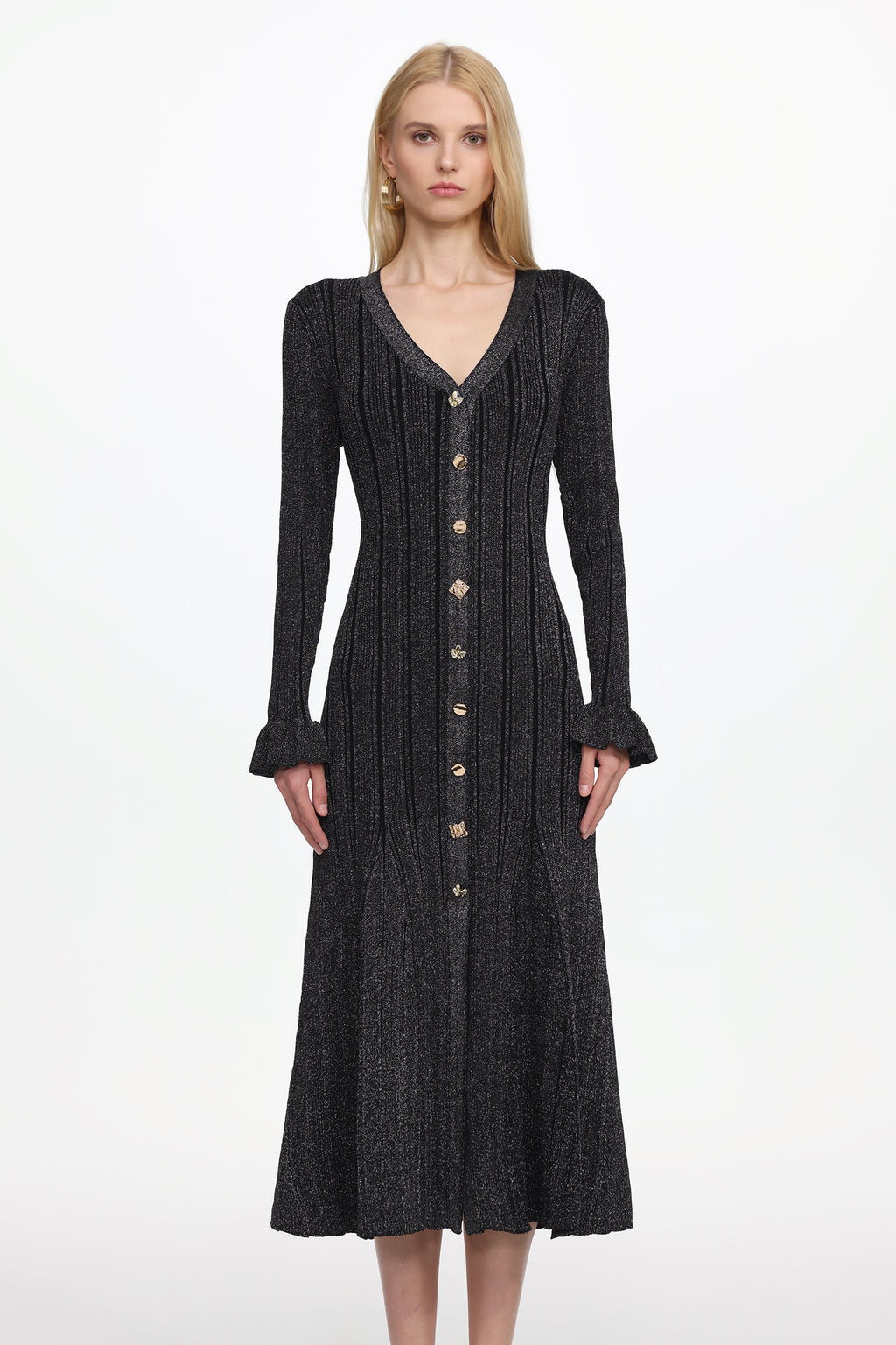 Verga Classic Contour Long Sleeve Button Front Knit Maxi Dress
