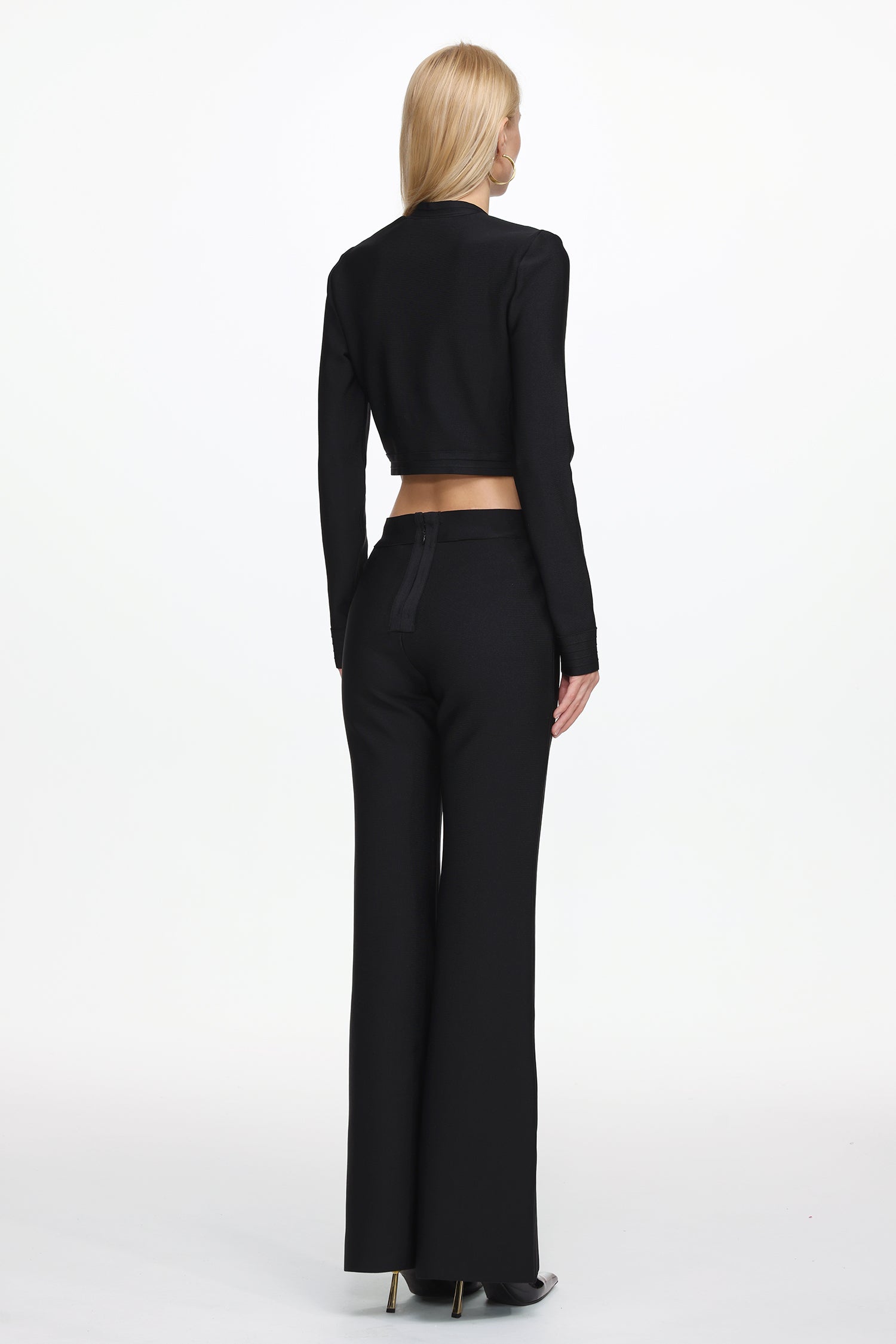 Paca Classic Contour Long Sleeve Gold Button Bandage Crop Top and Pants Set