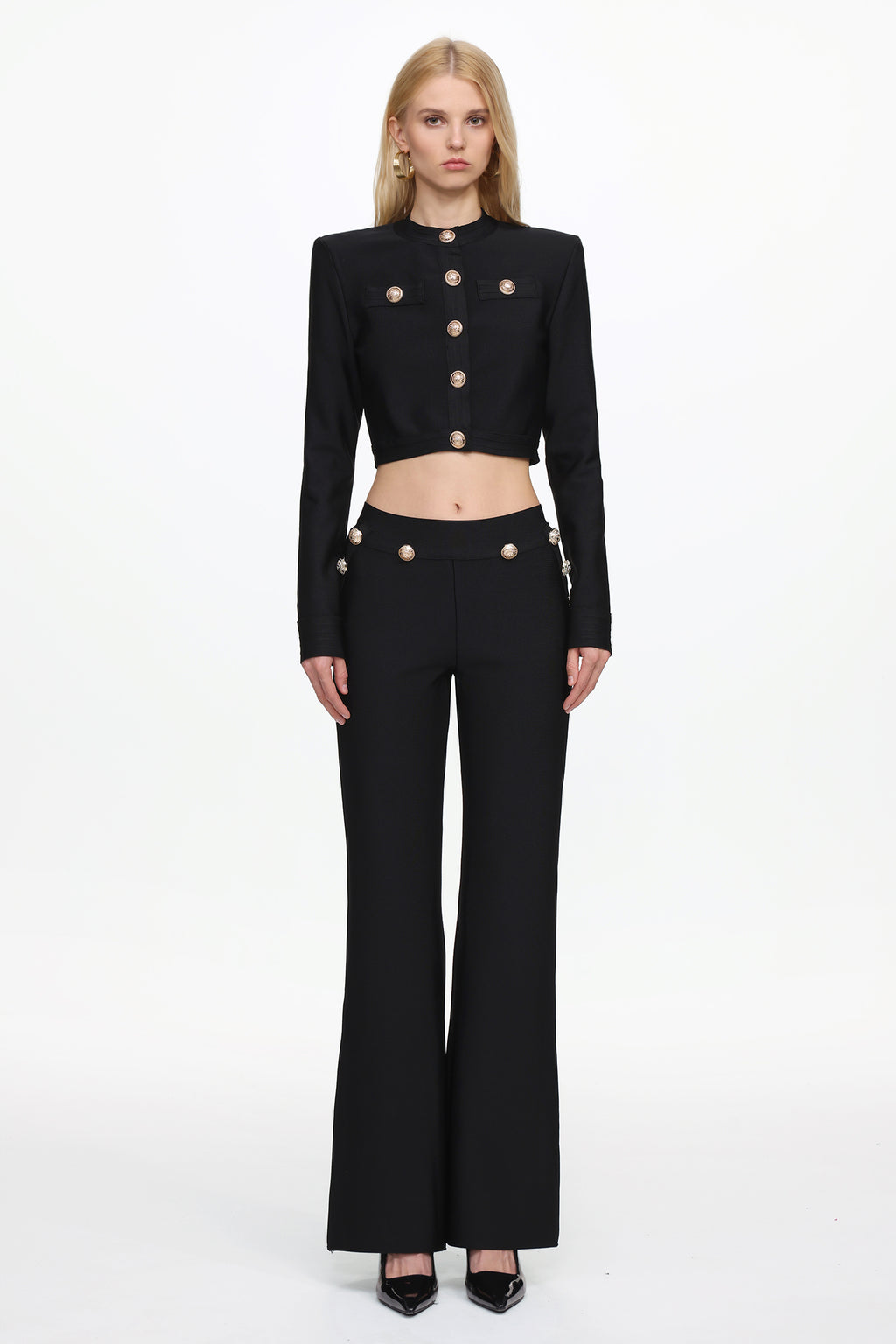 Paca Classic Contour Long Sleeve Gold Button Bandage Crop Top and Pants Set