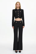 Paca Classic Contour Long Sleeve Gold Button Bandage Crop Top and Pants Set
