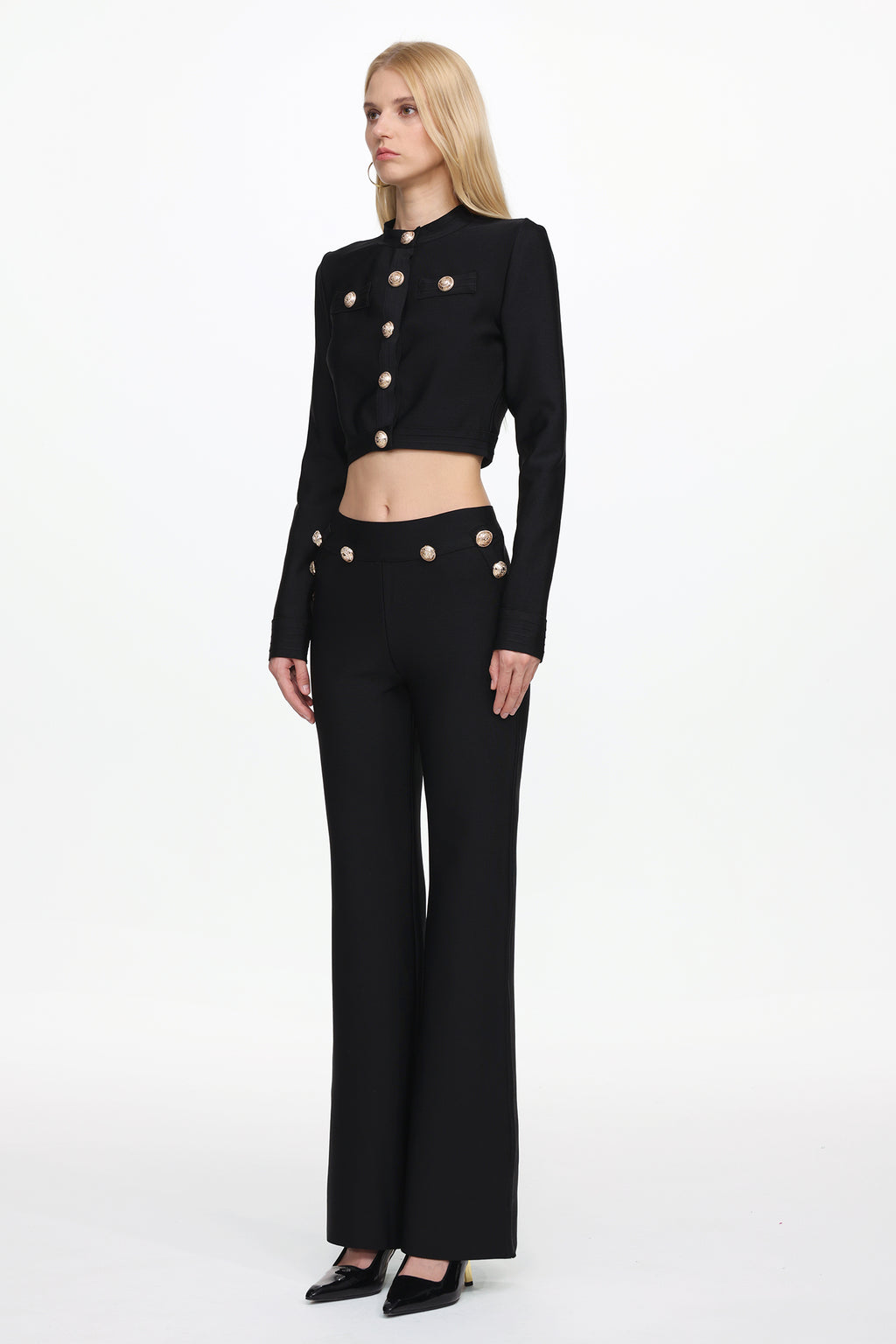 Paca Classic Contour Long Sleeve Gold Button Bandage Crop Top and Pants Set