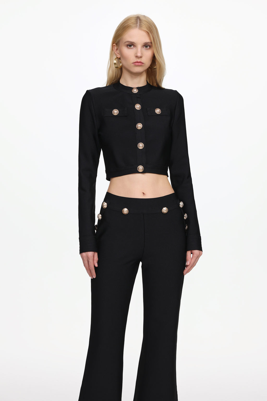Paca Classic Contour Long Sleeve Gold Button Bandage Crop Top and Pants Set