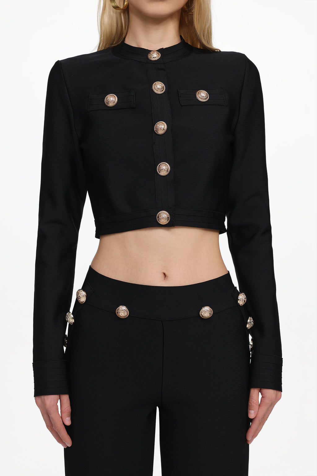Paca Classic Contour Long Sleeve Gold Button Bandage Crop Top and Pants Set