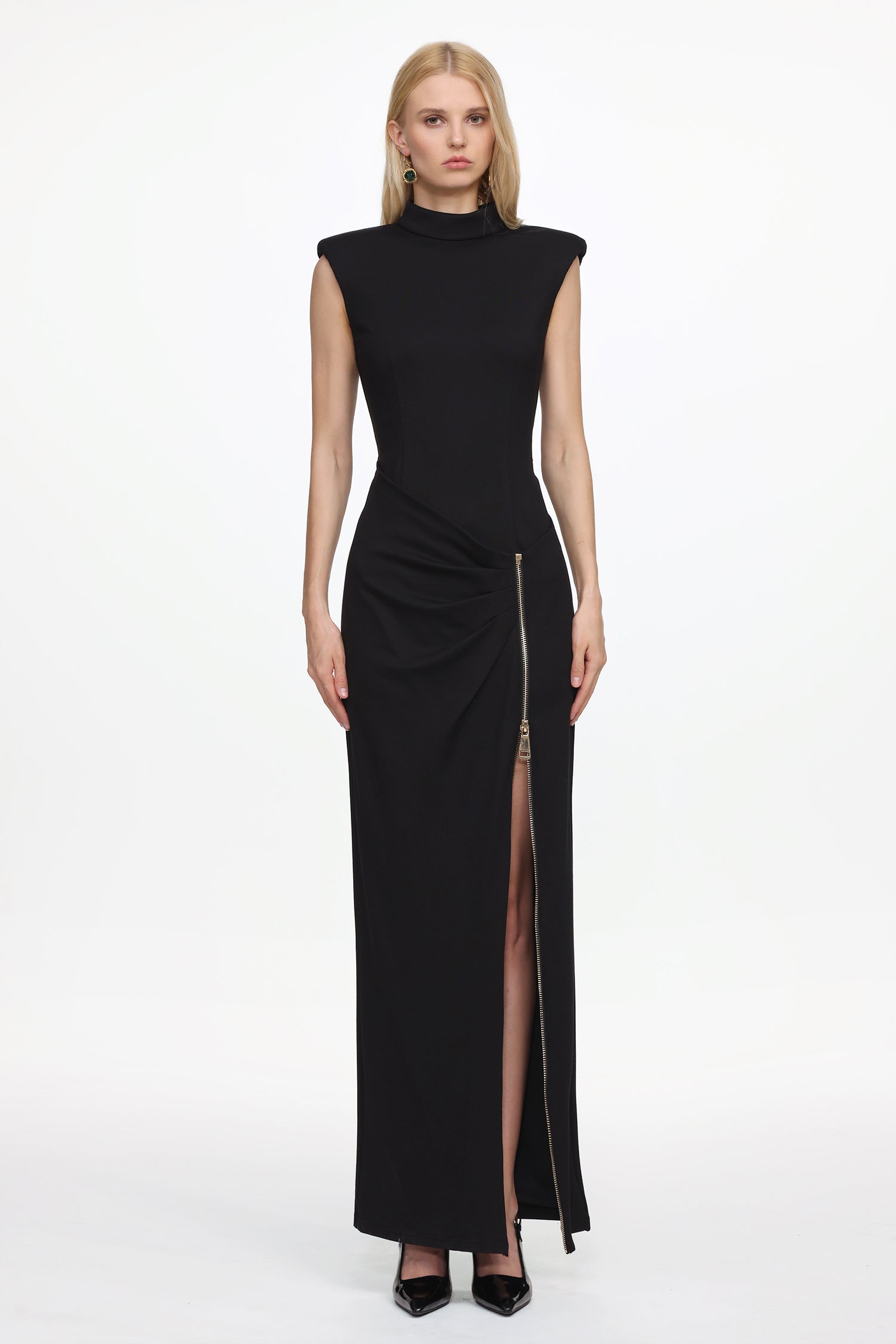 Pedra Chic Contour Sleeveless Pleated Zipper High Slit Maxi Dress