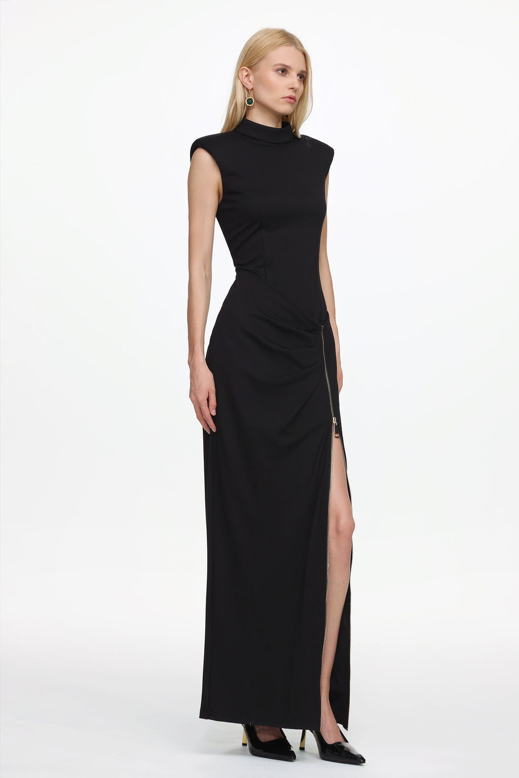 Pedra Chic Contour Sleeveless Pleated Zipper High Slit Maxi Dress