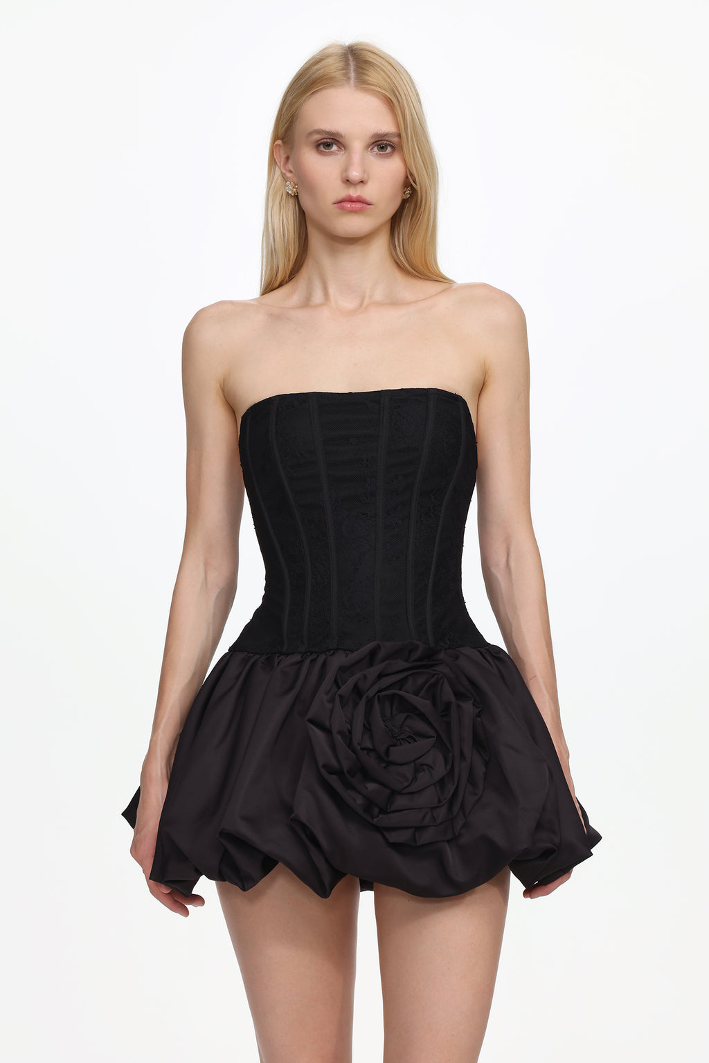 Lzada Romantic Contour Strapless Floral Lace Corset Black Mini Dress