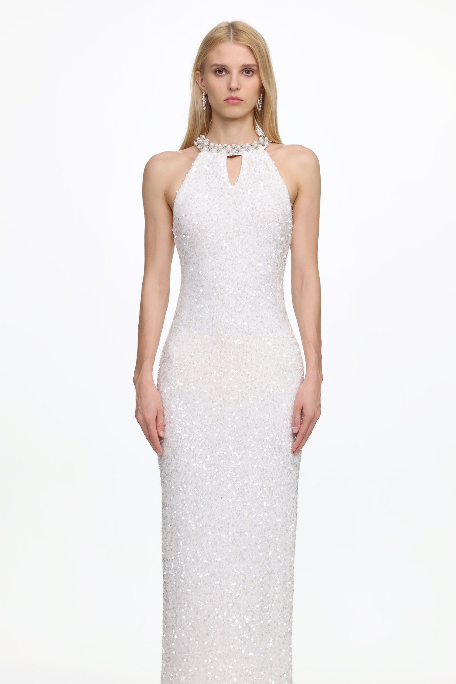 Giela Elegant Contour Halter Pearl Sequin Maxi Dress