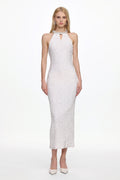 Giela Elegant Contour Halter Pearl Sequin Maxi Dress