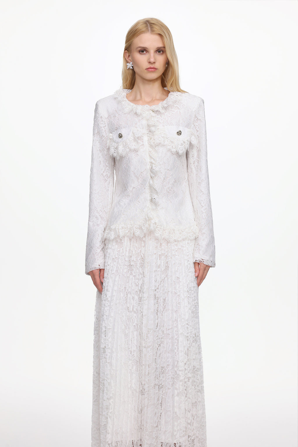 Saga Romantic Tailored Long Sleeve Lace Jacket and Skirt Set