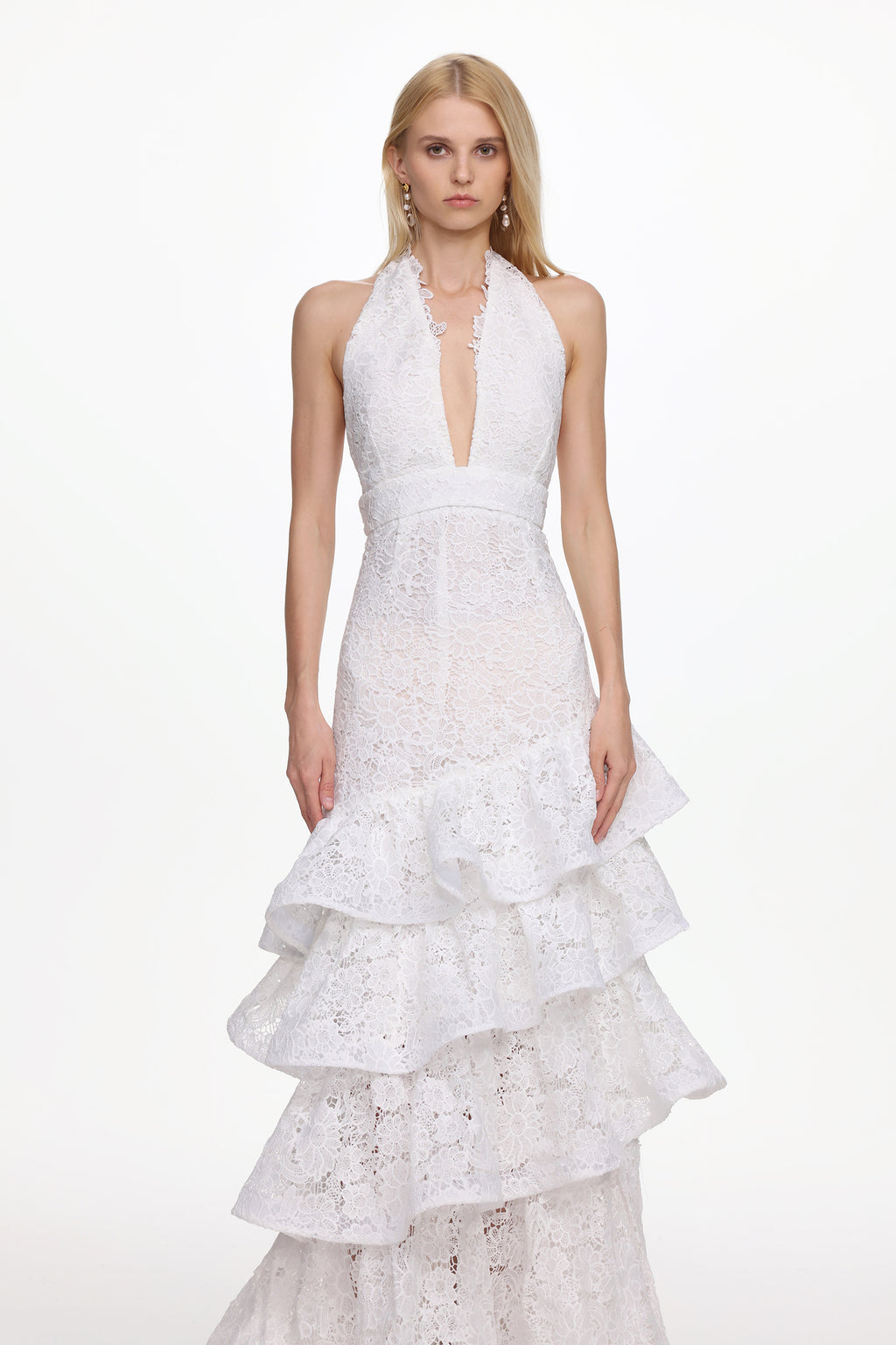 Kaliana Romantic Tailored V Neck Halter Ruffle Floral Lace Maxi Dress