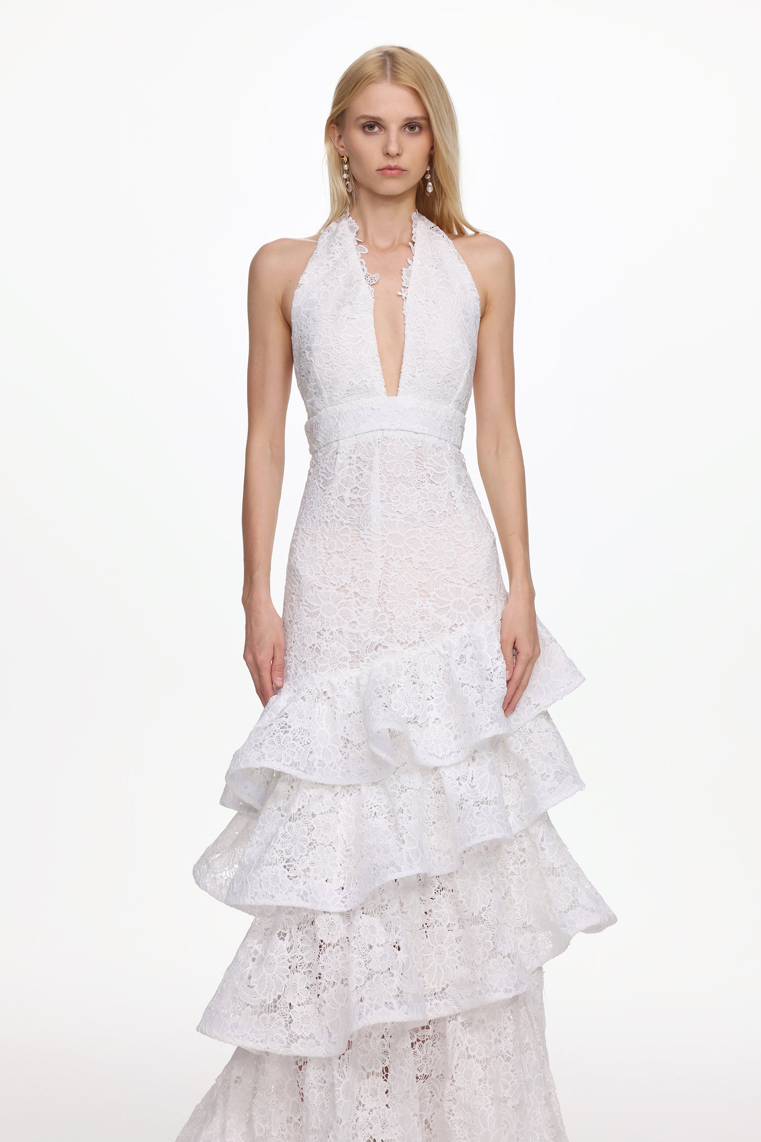 Kaliana Romantic Tailored V Neck Halter Ruffle Floral Lace Maxi Dress