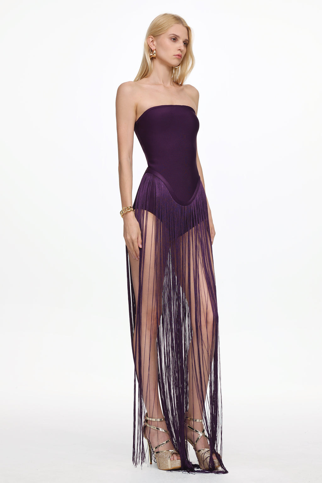 Valentina Strapless Purple Fringe Dress